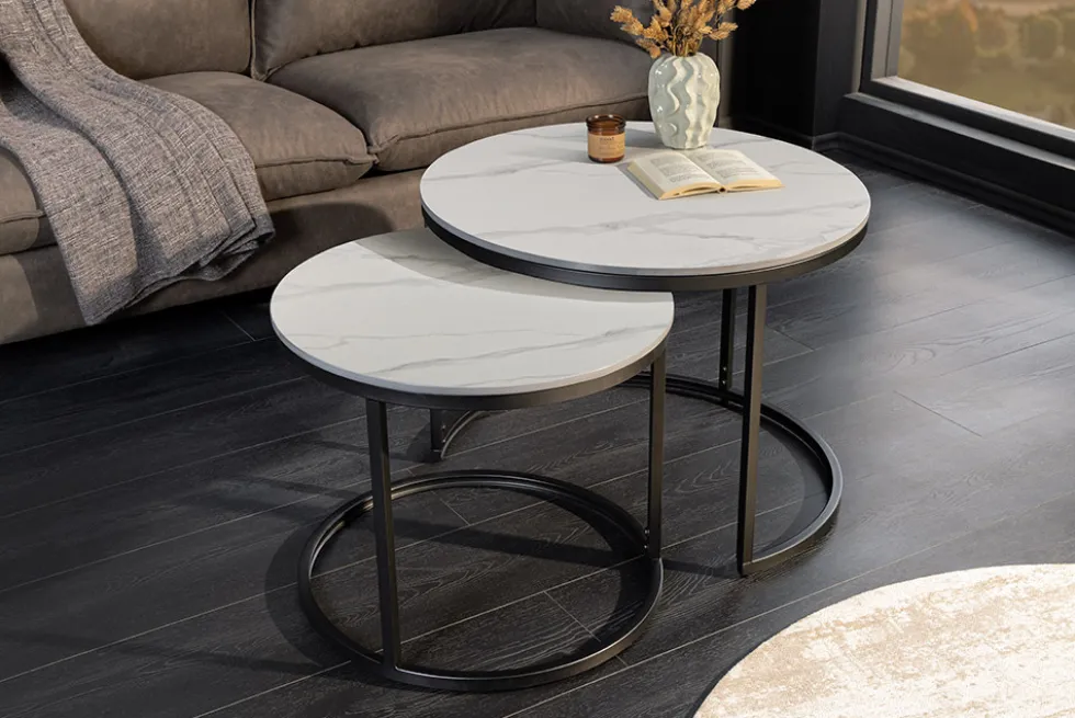 Rundes 2er Set Couchtische ELEGANCE 75cm weiß Keramik schwarz Metall
