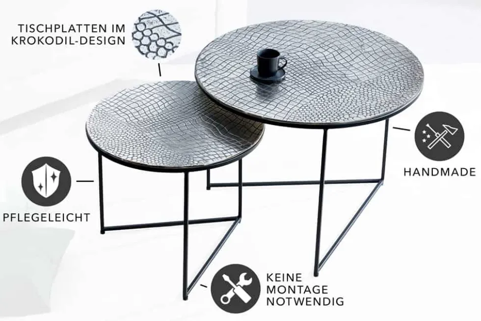 Rundes 2er Set Couchtisch ELEMENTS 60cm silber antik Krokodil-Design handmade