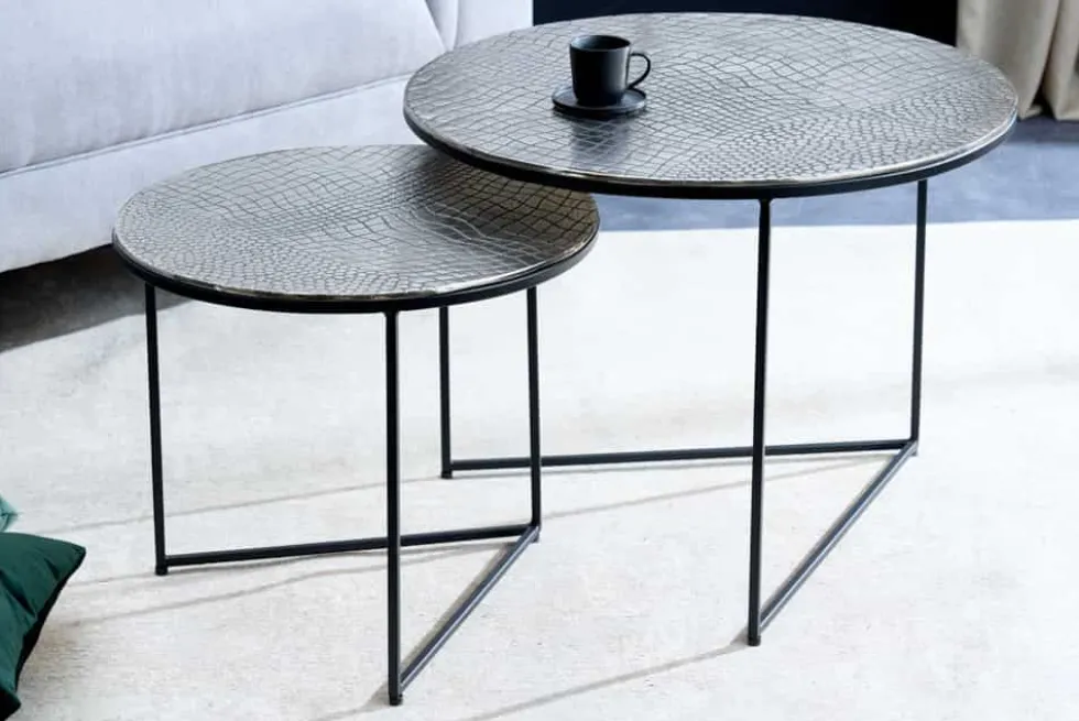 Rundes 2er Set Couchtisch ELEMENTS 60cm silber antik Krokodil-Design handmade