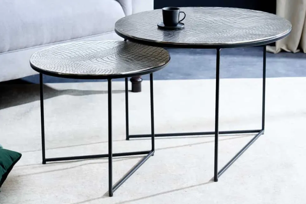 Rundes 2er Set Couchtisch ELEMENTS 60cm silber antik Krokodil-Design handmade
