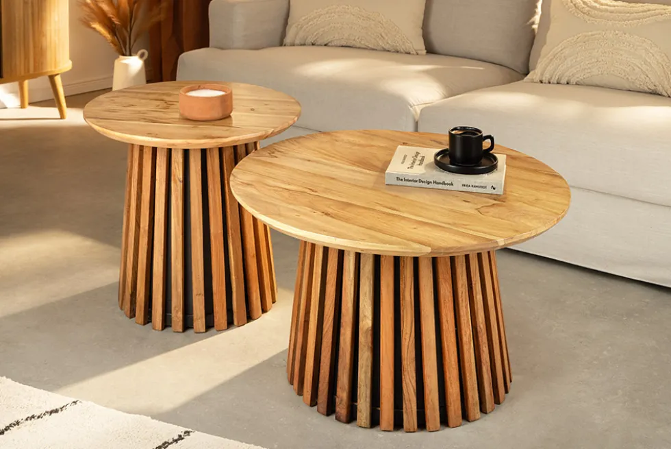 Rundes 2er Set Couchtische VALHALLA WOOD 70cm natur braun Akazie Massivholz