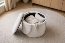 Sessel LUNA 65cm beige Bouclé Polsterhocker mit klappbarer Rückenlehne und Stauraum