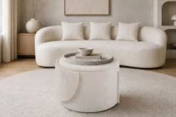 Sessel LUNA 65cm beige Bouclé Polsterhocker mit klappbarer Rückenlehne und Stauraum