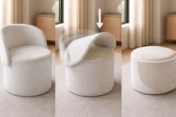 Sessel LUNA 65cm beige Bouclé Polsterhocker mit klappbarer Rückenlehne und Stauraum