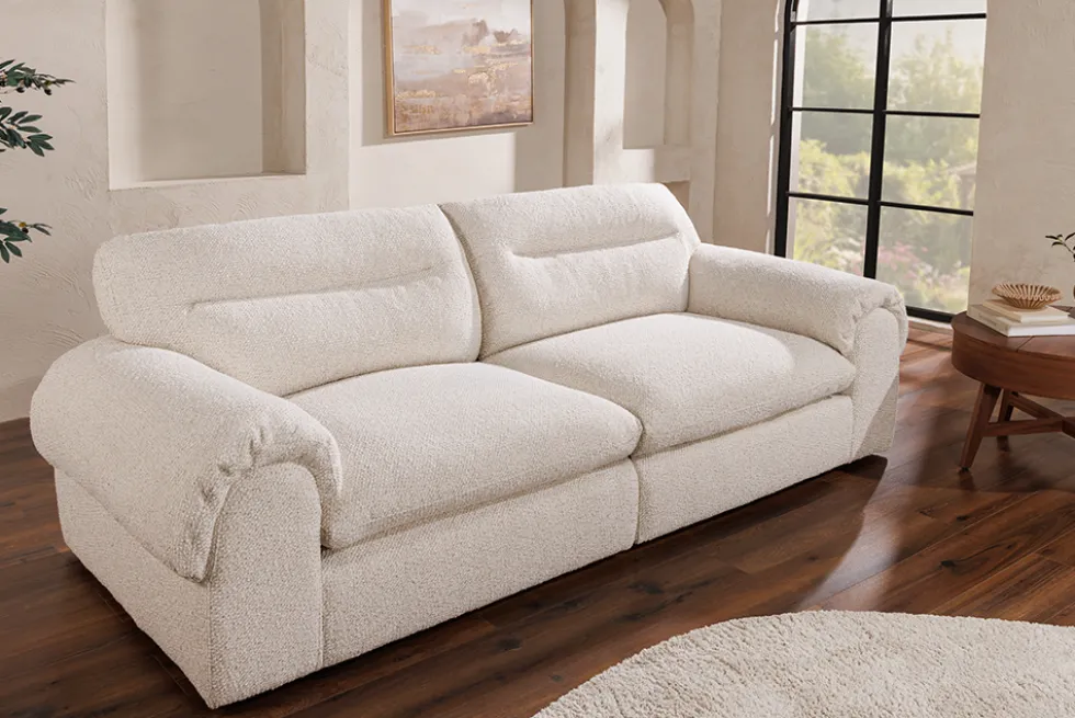 4-Sitzer Sofa SIXTH SENSE 245cm beige Bouclé-Strickstoff mit Nosagfederung und Daunenfedern