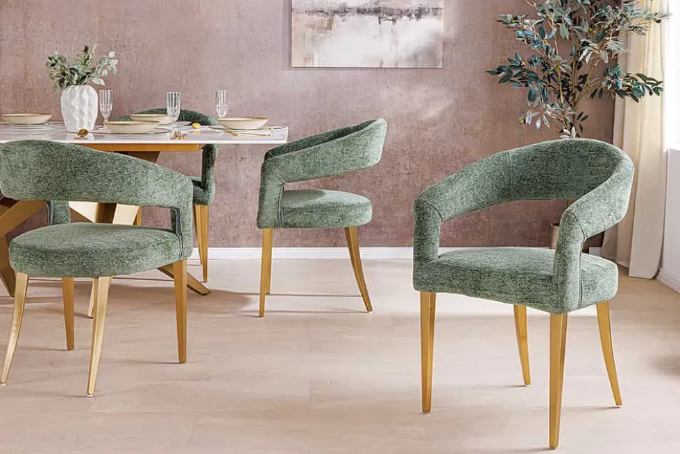 Skandinavischer Stuhl BOUTIQUE grün Strukturstoff brushed champagner gold Metall