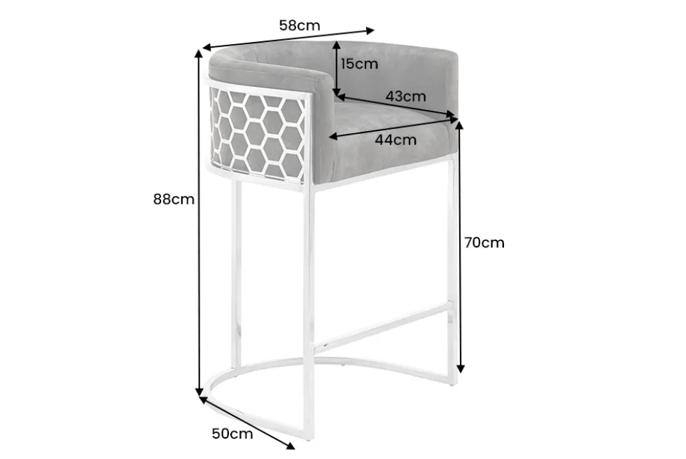 Stilvoller Barhocker ELEGANCE grau Samt silber Edelstahl mit Armlehne und Fußablage