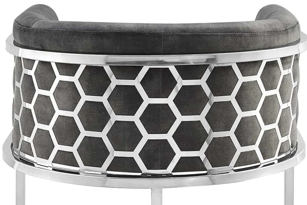 Stilvoller Barhocker ELEGANCE grau Samt silber Edelstahl mit Armlehne und Fußablage