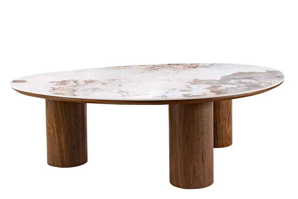 Stilvoller Couchtisch ORGANIKO 110cm weiß braun Walnuss Pandora Keramik