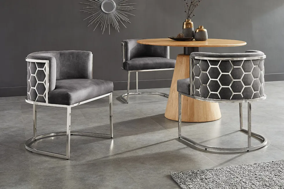 Stilvoller Stuhl ELEGANCE grau Samt silber Edelstahl mit Armlehne