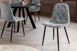 Stilvoller Stuhl GLAMM grau Chenille Cremona mit Rauten-Steppung schwarze Metallbeine