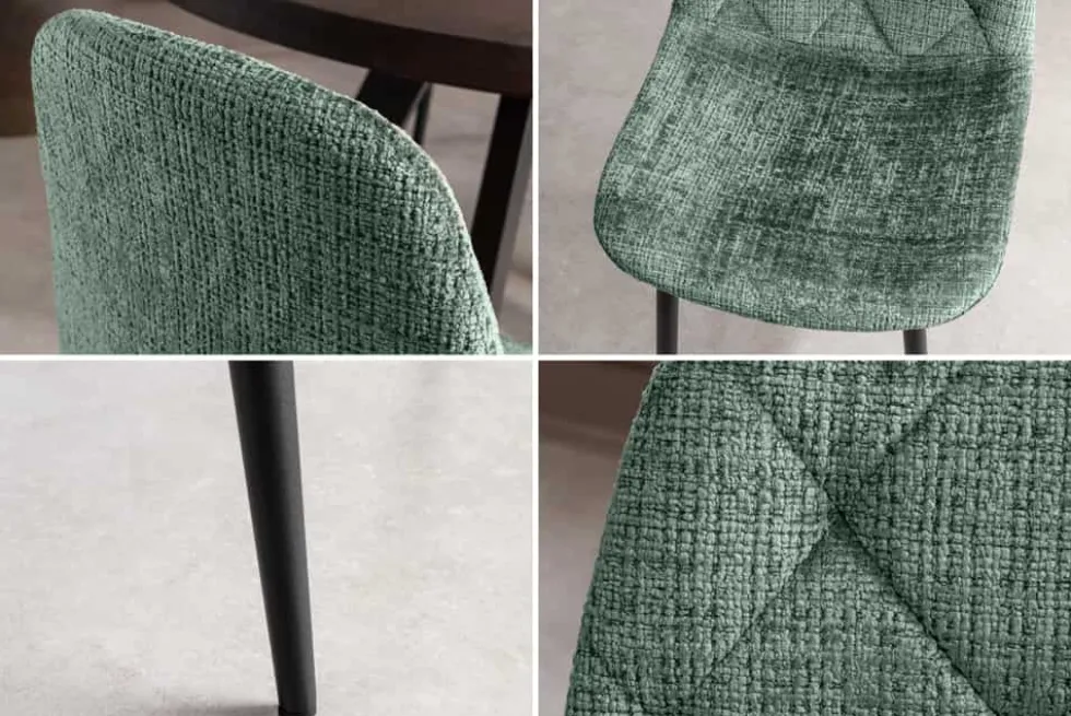 Stilvoller Stuhl GLAMM grün Chenille Cremona mit Rauten-Steppung schwarze Metallbeine
