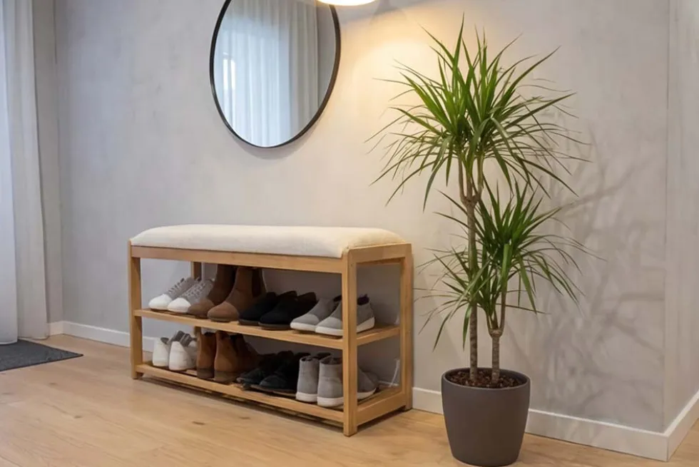 Stilvolle Schuhbank ZEN-BO 80cm natur beige Bambus Regal Sitzbank mit Stauraum