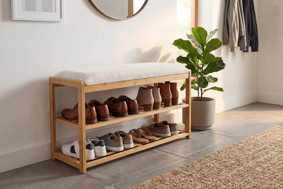 Stilvolle Schuhbank ZEN-BO 80cm natur beige Bambus Regal Sitzbank mit Stauraum