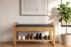 Stilvolle Schuhbank ZEN-BO 100cm natur grau Bambus Regal Sitzbank mit Schubladen