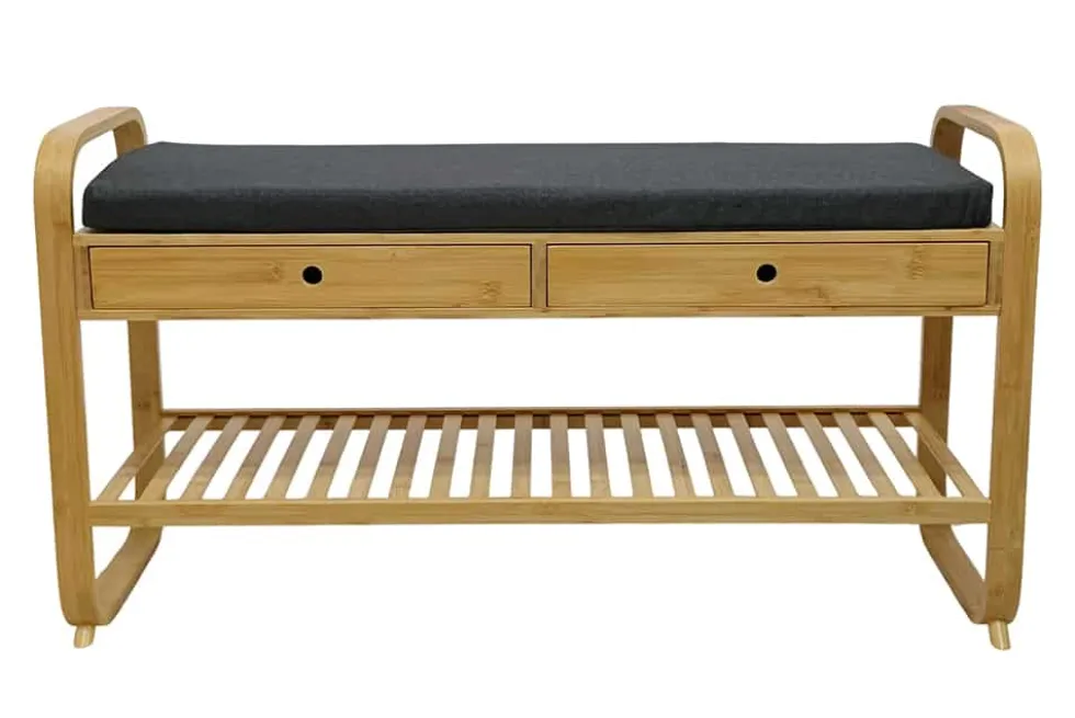 Stilvolle Schuhbank ZEN-BO 100cm natur grau Bambus Regal Sitzbank mit Schubladen