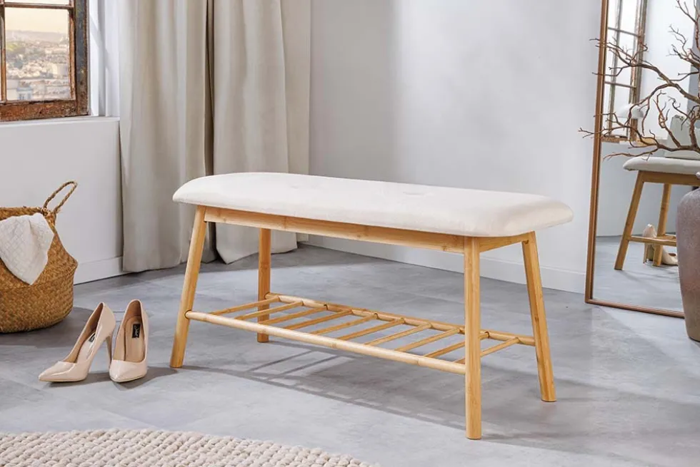 Stilvolle Schuhbank ZEN-BO 90cm natur beige Bambus Regal Sitzbank mit Stauraum
