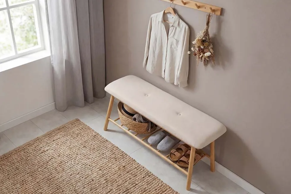 Stilvolle Schuhbank ZEN-BO 90cm natur beige Bambus Regal Sitzbank mit Stauraum