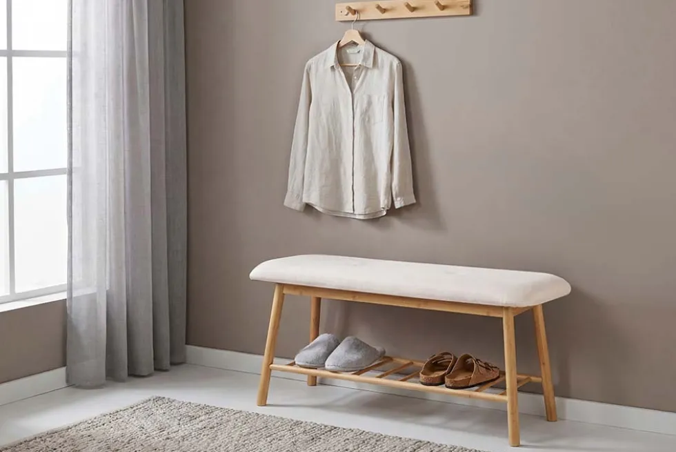 Stilvolle Schuhbank ZEN-BO 90cm natur beige Bambus Regal Sitzbank mit Stauraum