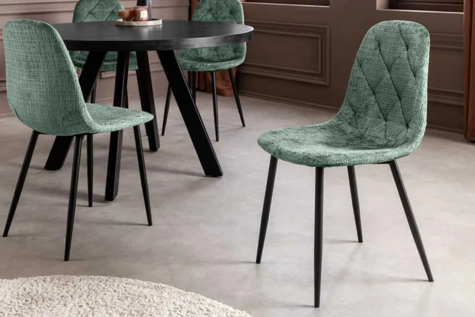Stilvolles 2er-Set Stühle GLAMM grün Chenille Cremona schwarze Metallbeine