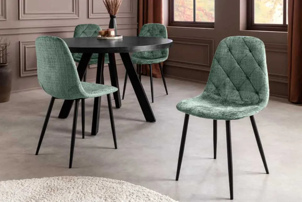 Stilvolles 2er-Set Stühle GLAMM grün Chenille Cremona schwarze Metallbeine