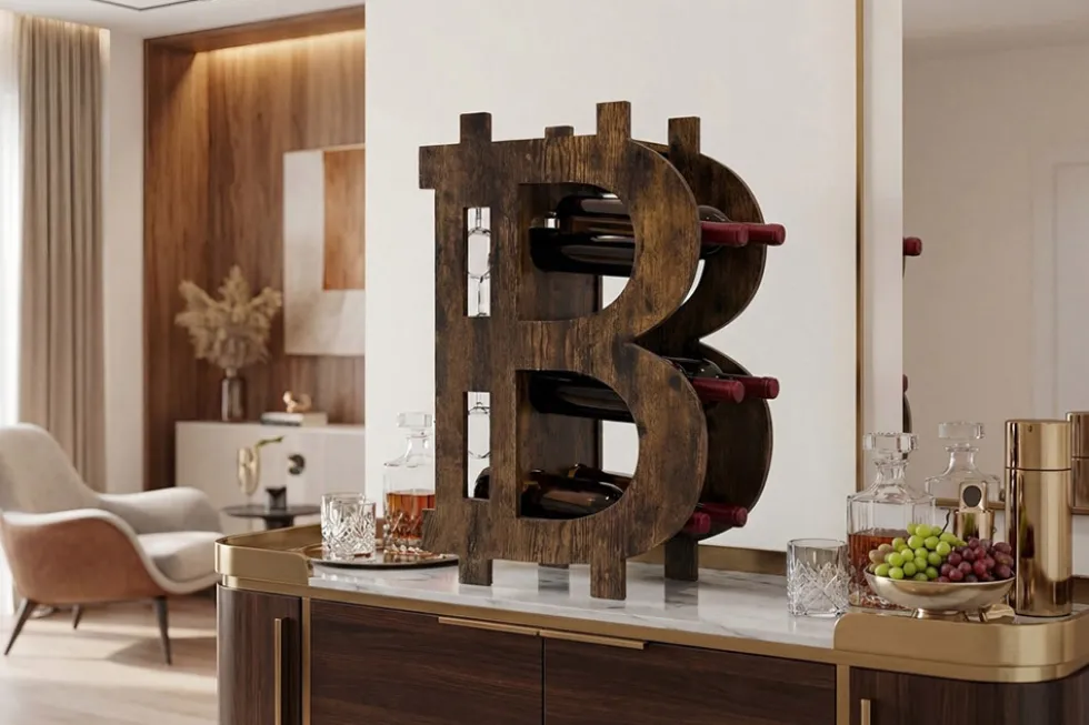 Stilvolles Weinregal BITCOIN 70cm natur Holzregal für 10 Flaschen und 4 Gläser