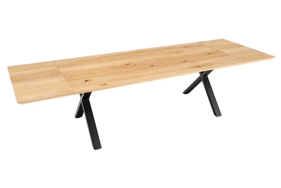 Verlängerbarer Esstisch WILD OAK 200-300cm natur Wildeiche Schweizer Kante X-Gestell