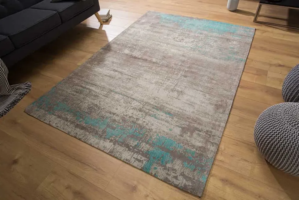 Vintage Baumwoll-Teppich MODERN ART 240x160cm greige türkis verwaschen Used Look