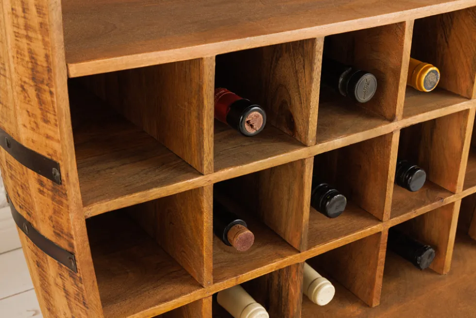 Vintage Weinregal BODEGA 90cm natur Mangoholz Barschrank Fass für 15 Flaschen