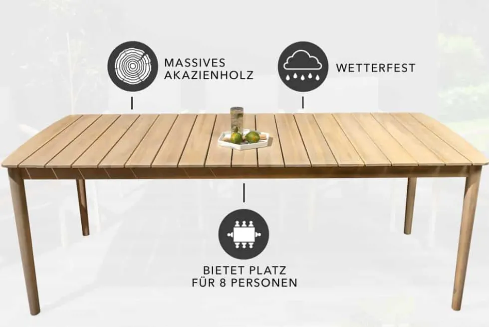 Wetterfester Gartentisch KOPENHAGEN 220cm natur Akazie Massivholz In- und Outdoor