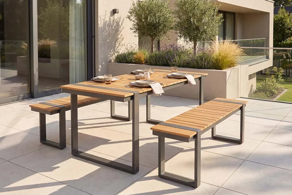 Wetterfester Gartentisch TAMPA LOUNGE 125cm grau natur Aluminium Metall Holz-Design Outdoor