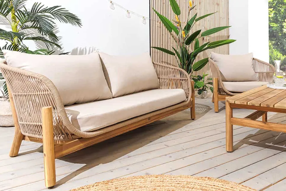 Wetterfestes Gartenlounge Set ROPE natur beige Akazienholz Aluminium inkl. Tisch Sitzpolster