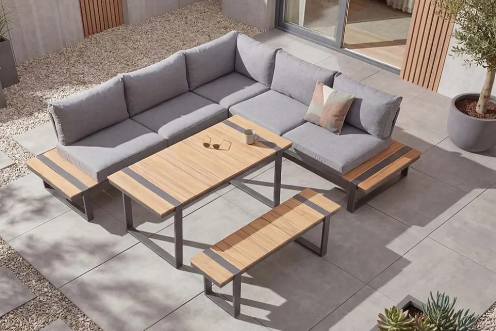 Wetterfestes Gartenmöbel Set TAMPA LOUNGE 250cm grau Aluminium inkl. Sitzbank Tisch Kissen