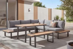 Wetterfestes Gartenmöbel Set TAMPA LOUNGE 250cm grau Aluminium inkl. Sitzbank Tisch Kissen