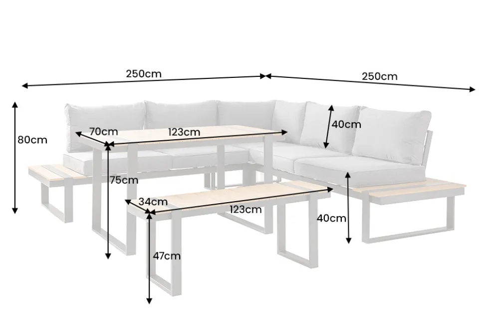 Wetterfestes Gartenmöbel Set TAMPA LOUNGE 250cm grau Aluminium inkl. Sitzbank Tisch Kissen