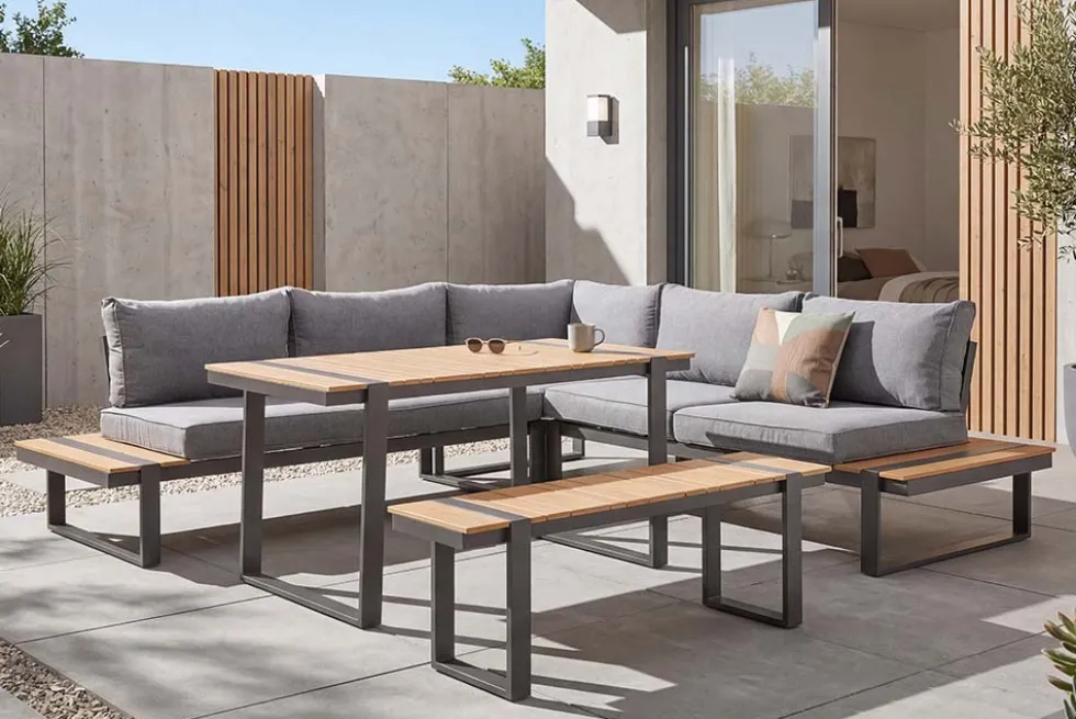 Wetterfestes Gartenmöbel Set TAMPA LOUNGE 250cm grau Aluminium inkl. Sitzbank Tisch Kissen