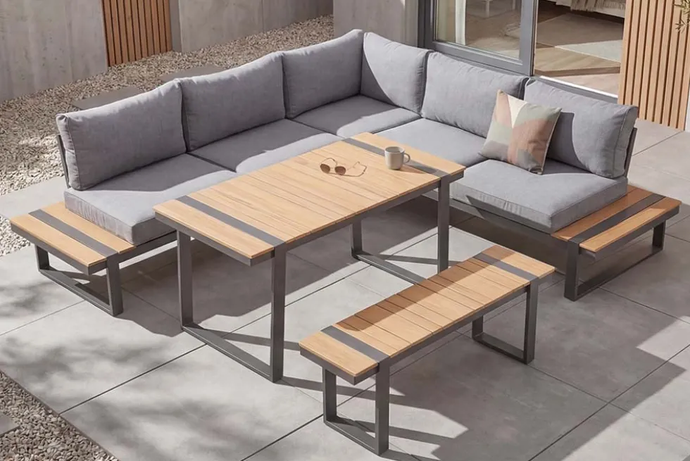 Wetterfestes Gartenmöbel Set TAMPA LOUNGE 250cm grau Aluminium inkl. Sitzbank Tisch Kissen