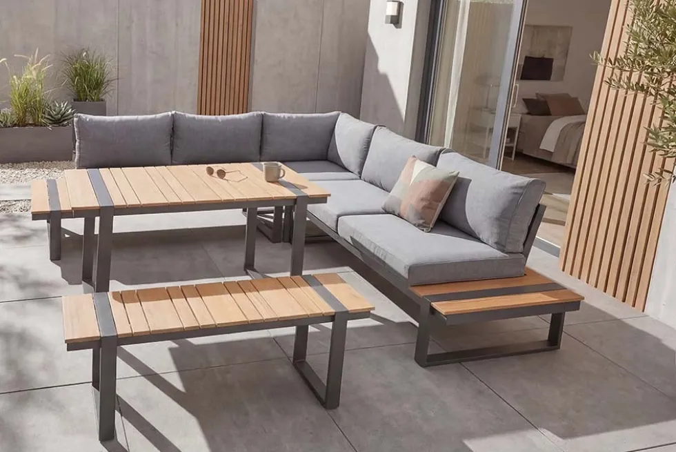 Wetterfestes Gartenmöbel Set TAMPA LOUNGE 250cm grau Aluminium inkl. Sitzbank Tisch Kissen
