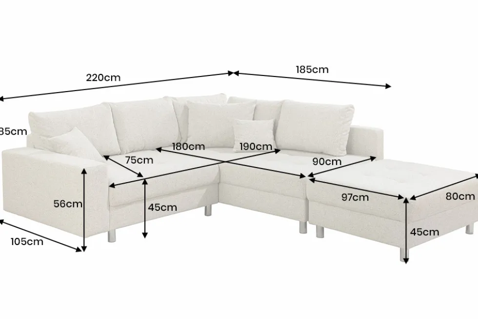 Wohnlandschaft KENT 220cm beige Strukturstoff Ecksofa Federkern inkl. Hocker