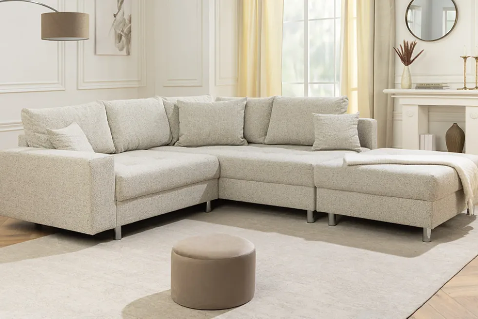 Wohnlandschaft KENT 220cm beige Strukturstoff Ecksofa Federkern inkl. Hocker