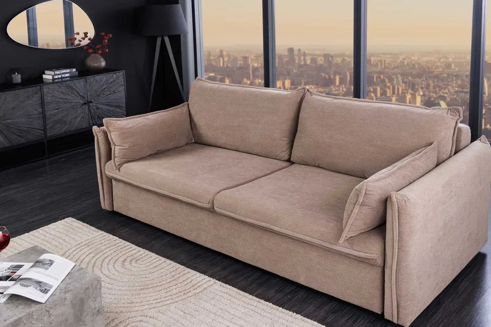 XXL Sofa mit Schlaffunktion APARTMENT taupe Cord inkl. Bettkasten und Kissen