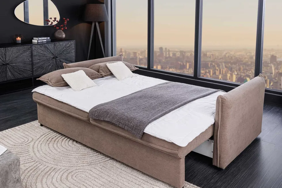 XXL Sofa mit Schlaffunktion APARTMENT taupe Cord inkl. Bettkasten und Kissen