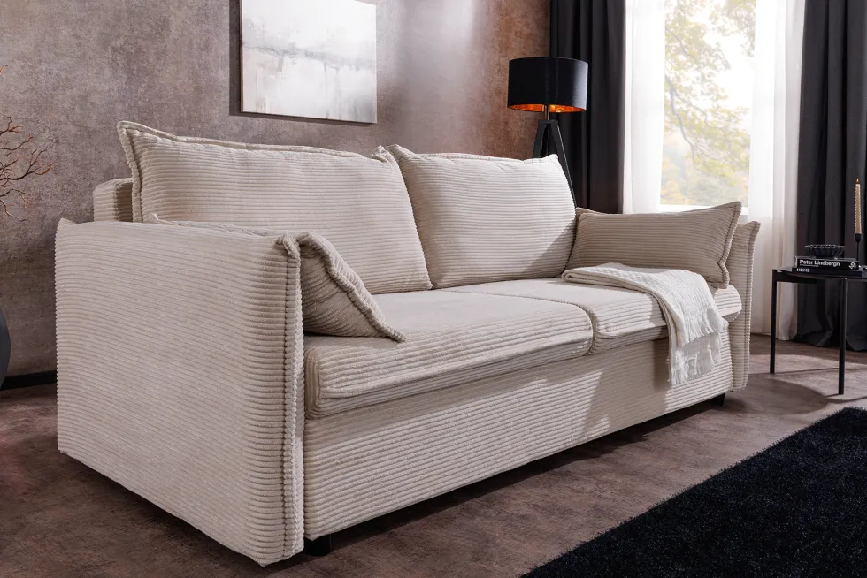 XXL Sofa mit Schlaffunktion APARTMENT beige Cord inkl. Bettkasten und Kissen