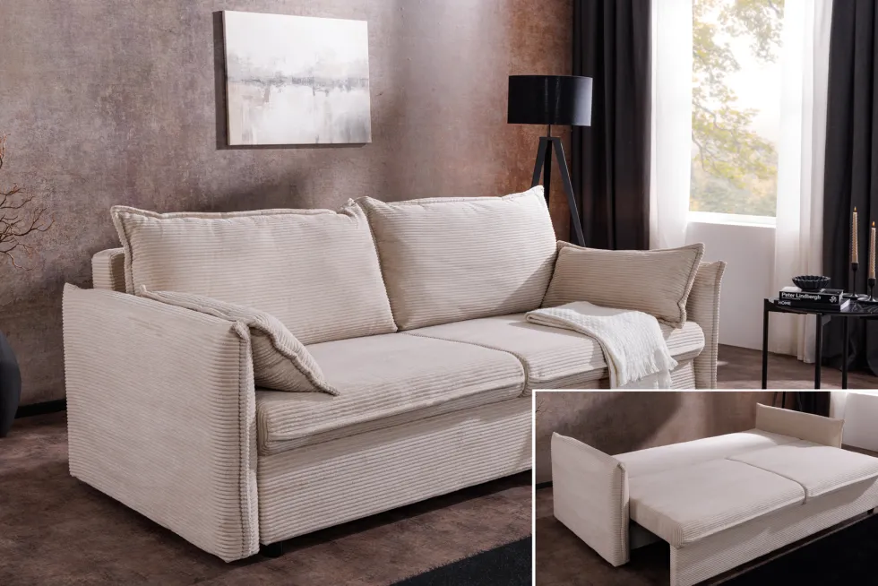 XXL Sofa mit Schlaffunktion APARTMENT beige Cord inkl. Bettkasten und Kissen