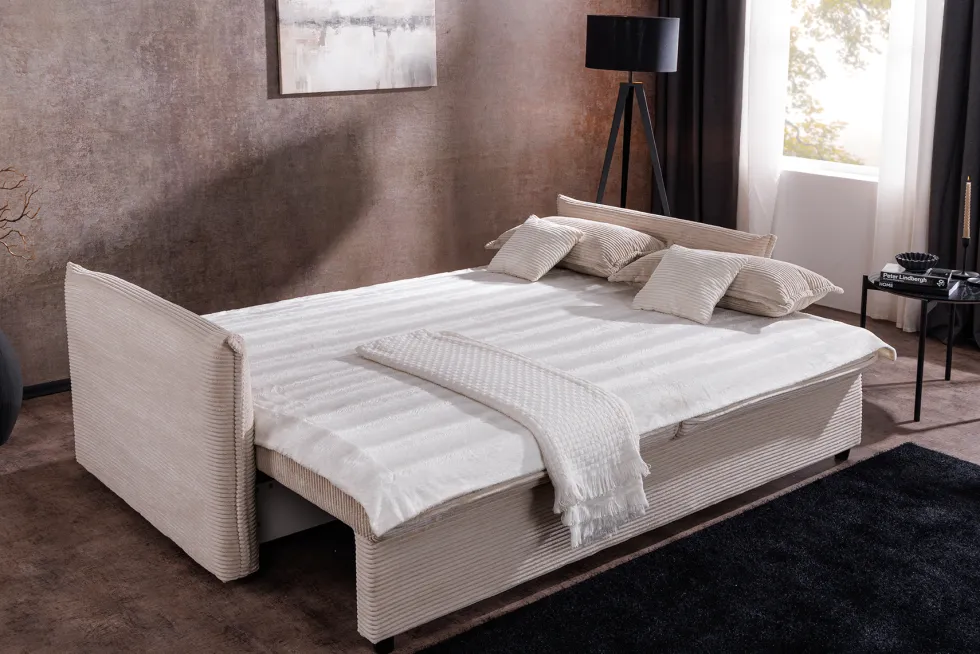 XXL Sofa mit Schlaffunktion APARTMENT beige Cord inkl. Bettkasten und Kissen