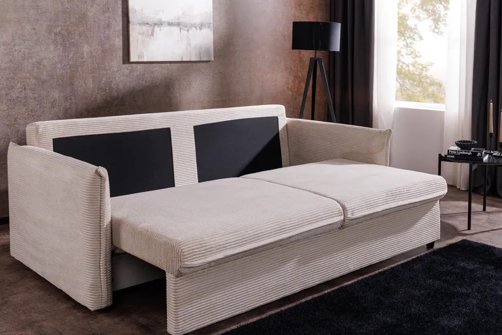 XXL Sofa mit Schlaffunktion APARTMENT beige Cord inkl. Bettkasten und Kissen