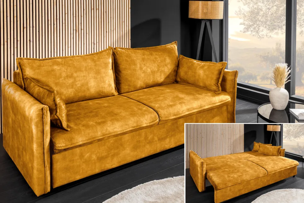 XXL Sofa mit Schlaffunktion APARTMENT senfgelb Samt inkl. Bettkasten und Kissen