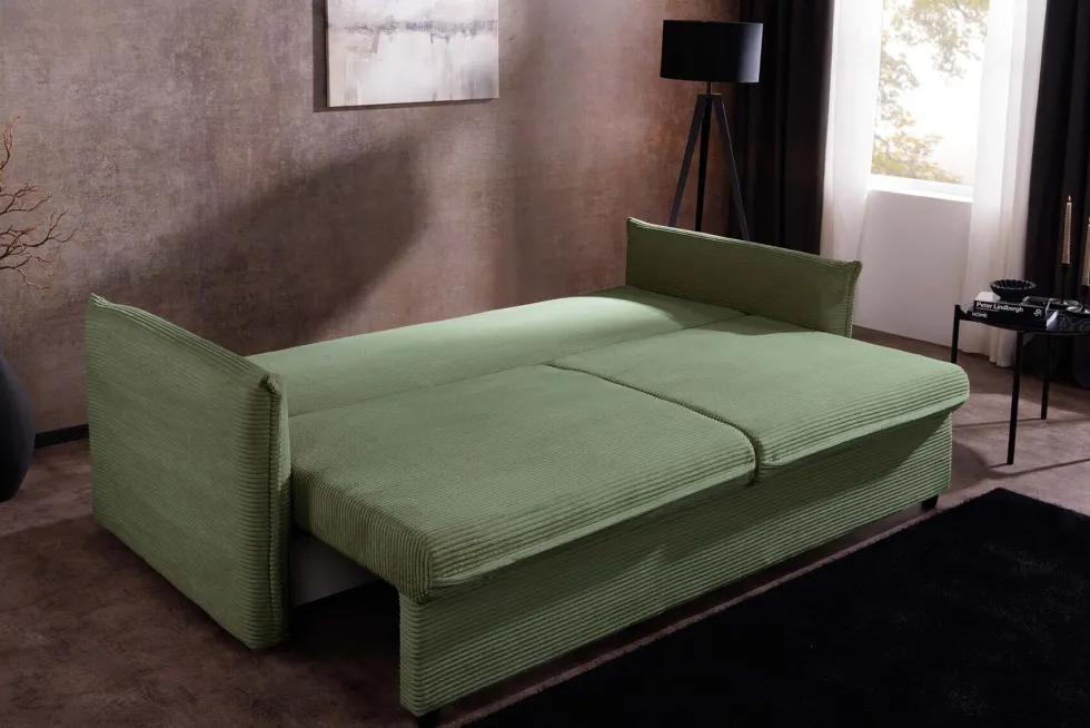 XXL Sofa mit Schlaffunktion APARTMENT grün Cord inkl. Bettkasten und Kissen
