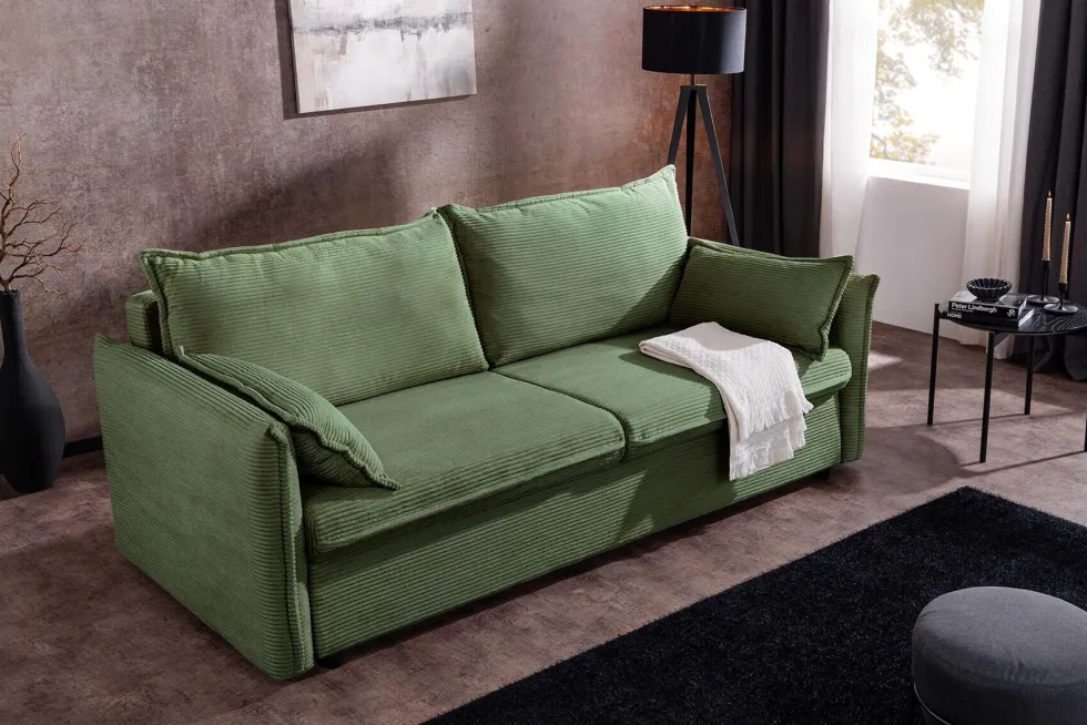 XXL Sofa mit Schlaffunktion APARTMENT grün Cord inkl. Bettkasten und Kissen