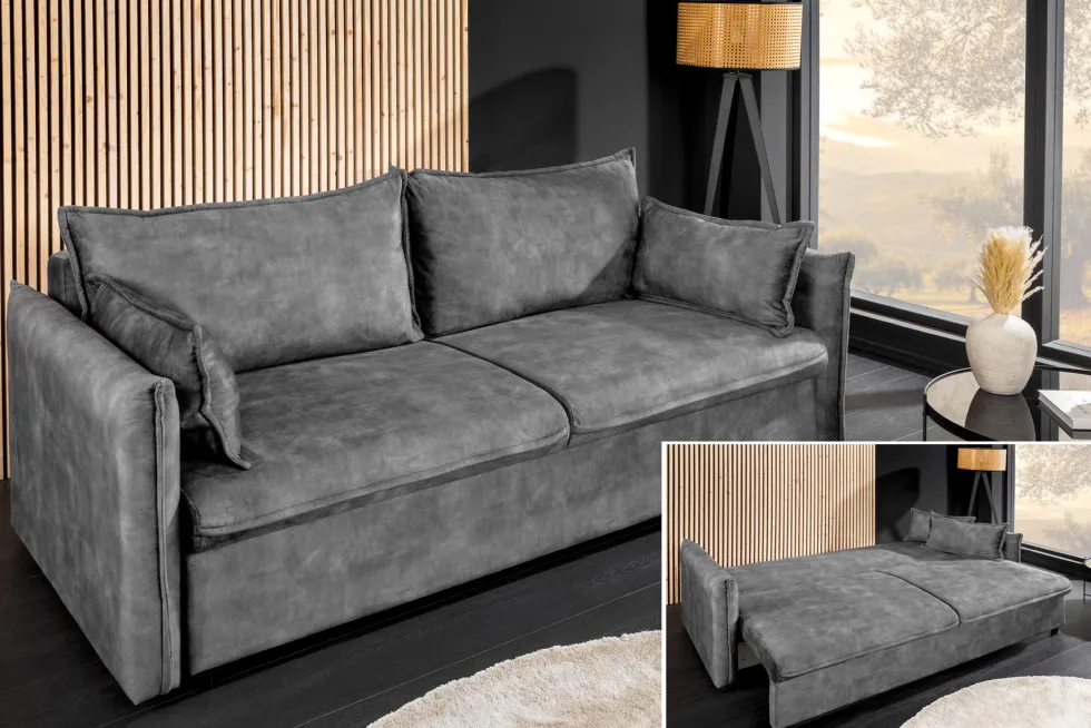 XXL Sofa mit Schlaffunktion APARTMENT grau Samt inkl. Bettkasten und Kissen